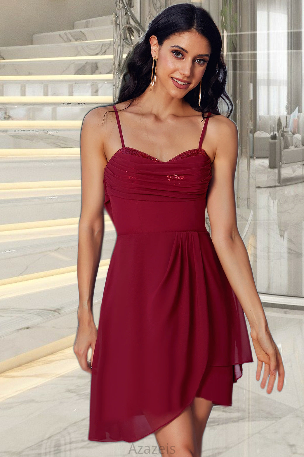 Isabella Sheath/Column V-Neck Short/Mini Jersey Sequin Homecoming Dress With Cascading Ruffles Sequins DFP0020509