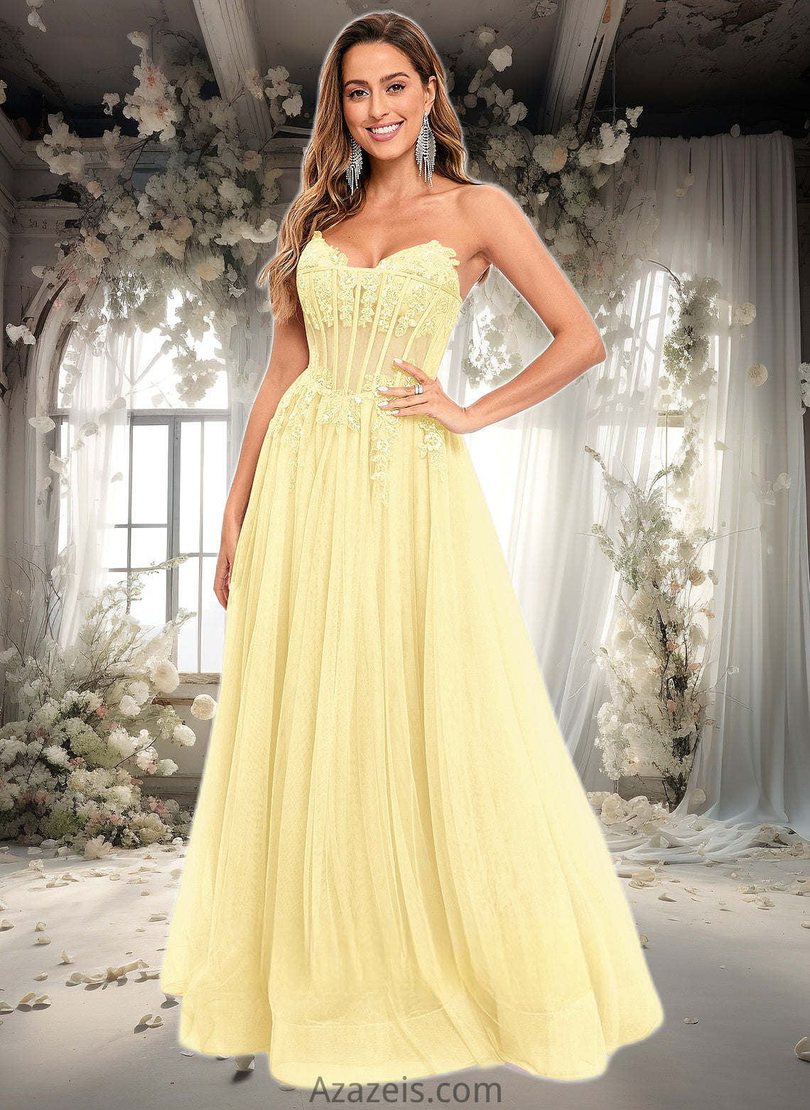 Zoey Ball-Gown/Princess V-Neck Floor-Length Tulle Prom Dresses With Sequins Appliques Lace DFP0025837