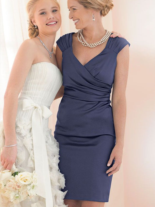 Mina Sheath/Column Charmeuse Ruched V-neck Short Sleeves Knee-Length Mother of the Bride Dresses DFP0020327