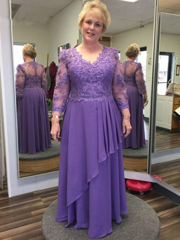 Kennedy A-Line/Princess Chiffon Applique V-neck Long Sleeves Floor-Length Mother of the Bride Dresses DFP0020379