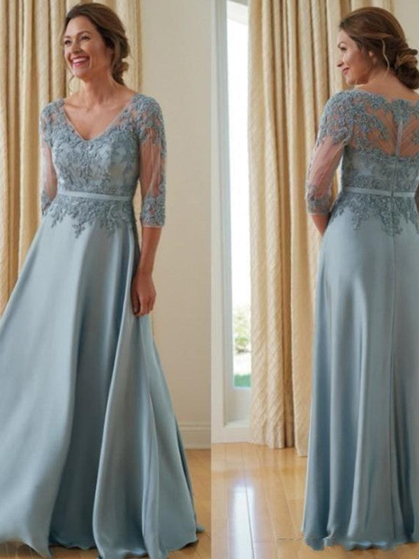 Journey A-Line/Princess Satin Applique V-neck 3/4 Sleeves Floor-Length Mother of the Bride Dresses DFP0020381