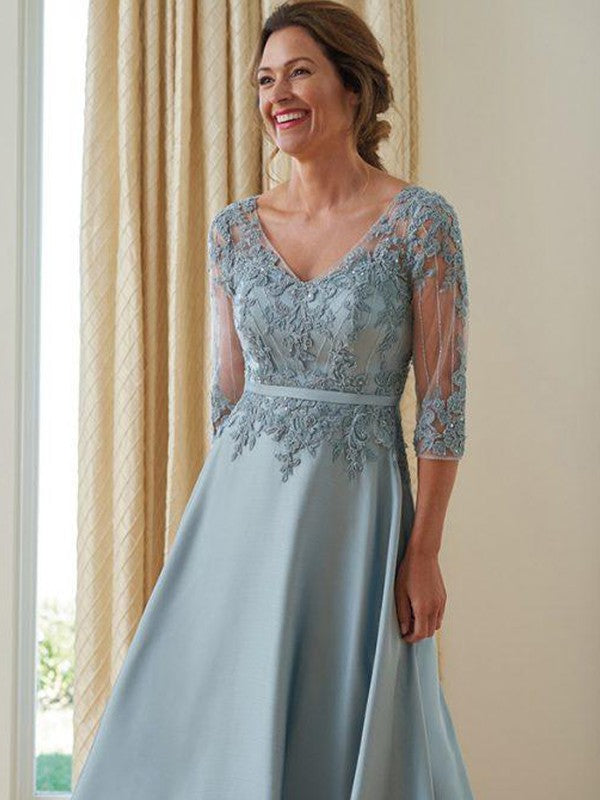 Journey A-Line/Princess Satin Applique V-neck 3/4 Sleeves Floor-Length Mother of the Bride Dresses DFP0020381