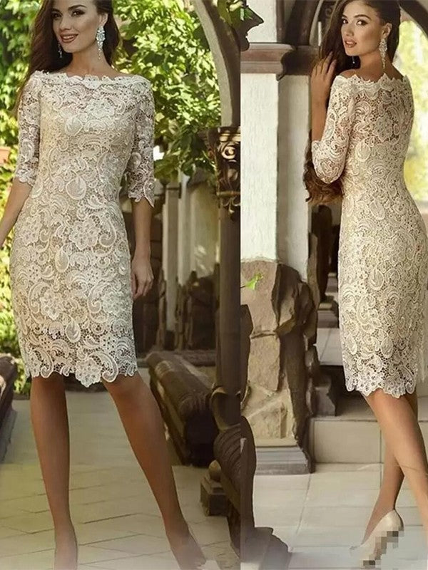 Sophie Sheath/Column Lace Applique Off-the-Shoulder 3/4 Sleeves Knee-Length Mother of the Bride Dresses DFP0020398