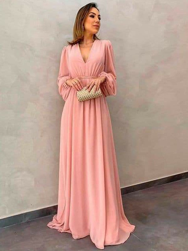 Lorena A-Line/Princess Chiffon Ruffles V-neck Long Sleeves Sweep/Brush Train Mother of the Bride Dresses DFP0020407