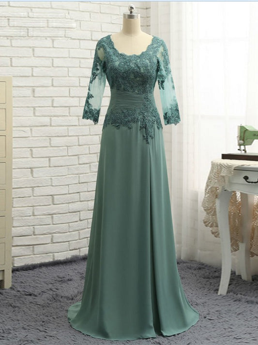 Katrina A-Line/Princess Chiffon Applique Scoop 3/4 Sleeves Sweep/Brush Train Mother of the Bride Dresses DFP0020418