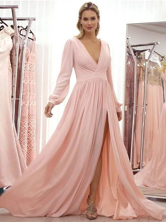 Aurora A-Line/Princess Chiffon Ruffles V-neck Long Sleeves Sweep/Brush Train Mother of the Bride Dresses DFP0020429