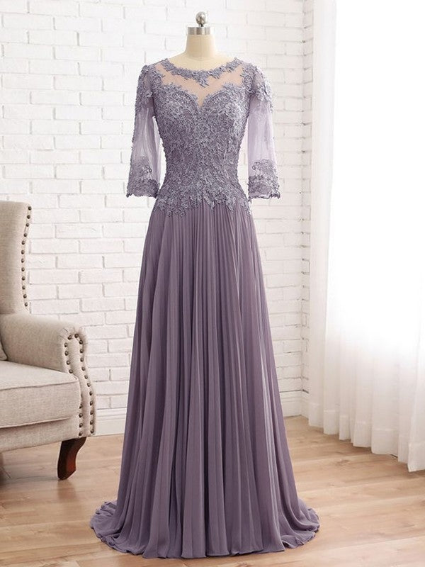 Skylar A-Line/Princess Chiffon Lace Scoop 3/4 Sleeves Sweep/Brush Train Mother of the Bride Dresses DFP0020455