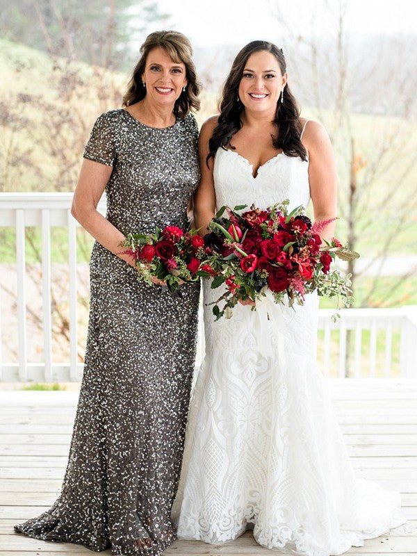 Brooklyn Sheath/Column Sequins Scoop Short Sleeves Sweep/Brush Train Mother of the Bride Dresses DFP0020456