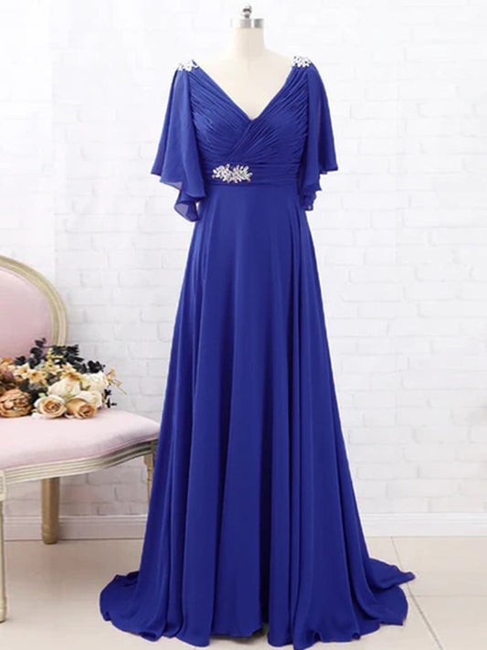 Lorelai A-Line/Princess Chiffon Beading V-neck Short Sleeves Sweep/Brush Train Mother of the Bride Dresses DFP0020288