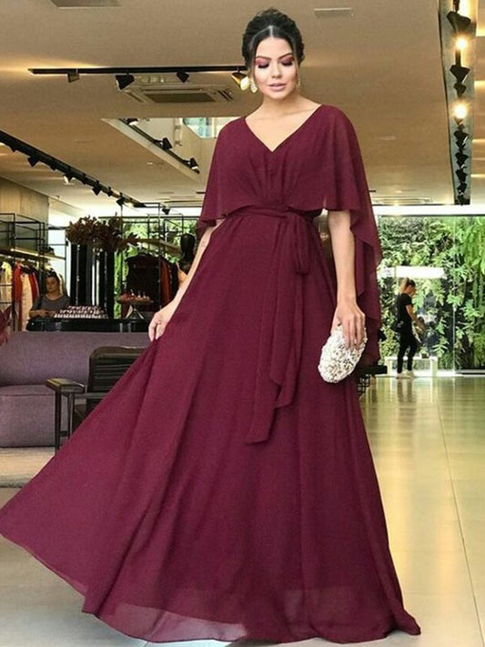 Kristen A-Line/Princess Chiffon Sash/Ribbon/Belt V-neck Short Sleeves Floor-Length Mother of the Bride Dresses DFP0020293