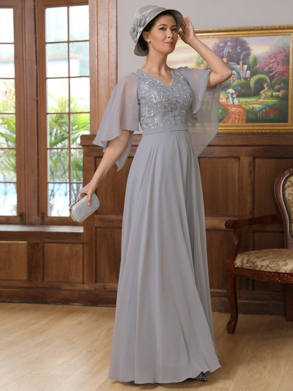 Amina A-Line/Princess Chiffon Applique V-neck 1/2 Sleeves Floor-Length Mother of the Bride Dresses DFP0020334