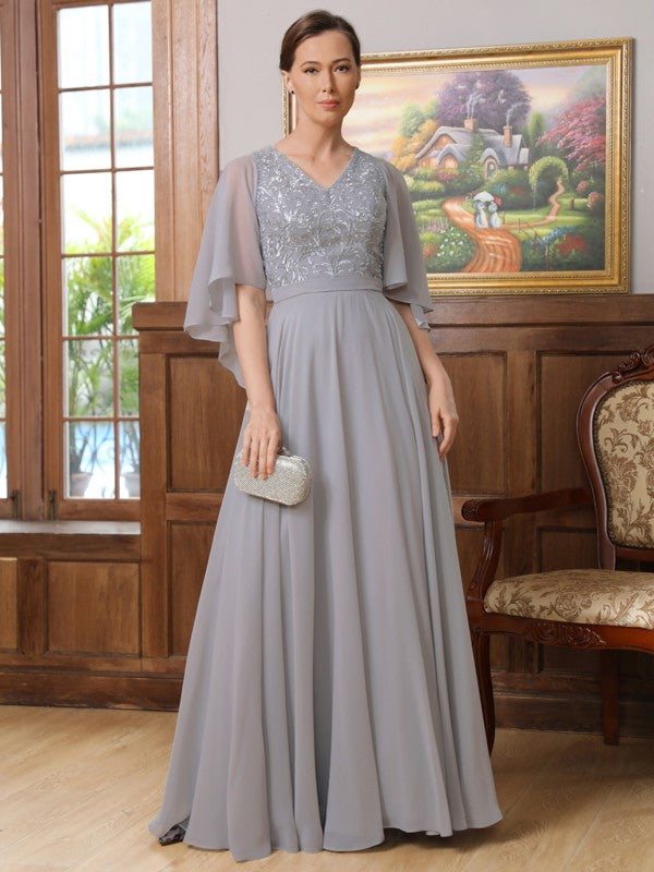 Amina A-Line/Princess Chiffon Applique V-neck 1/2 Sleeves Floor-Length Mother of the Bride Dresses DFP0020334