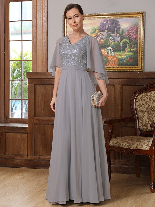 Amina A-Line/Princess Chiffon Applique V-neck 1/2 Sleeves Floor-Length Mother of the Bride Dresses DFP0020334