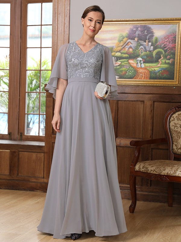 Amina A-Line/Princess Chiffon Applique V-neck 1/2 Sleeves Floor-Length Mother of the Bride Dresses DFP0020334