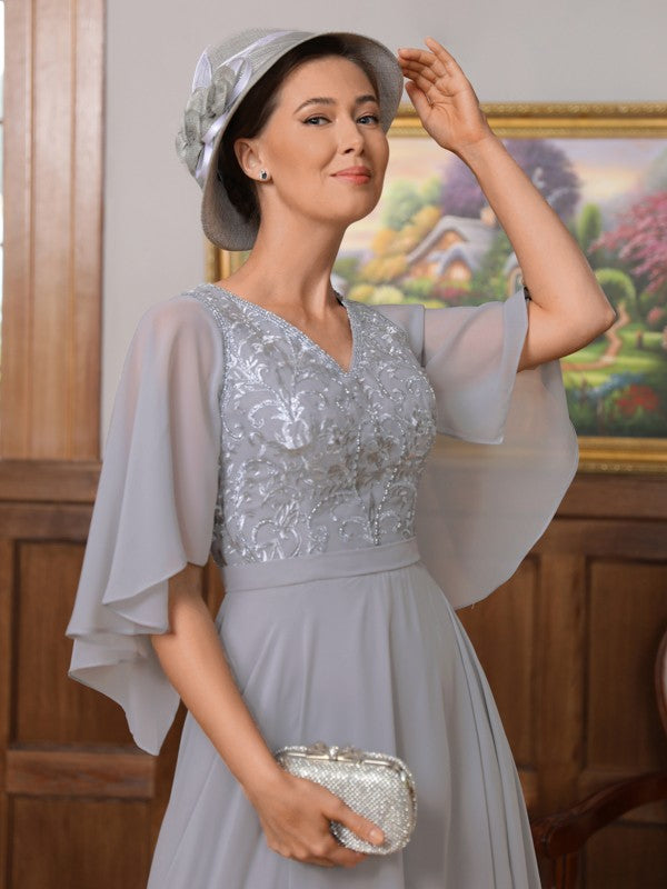 Amina A-Line/Princess Chiffon Applique V-neck 1/2 Sleeves Floor-Length Mother of the Bride Dresses DFP0020334