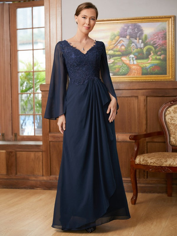 Amira A-Line/Princess Chiffon Applique V-neck Long Sleeves Floor-Length Mother of the Bride Dresses DFP0020335