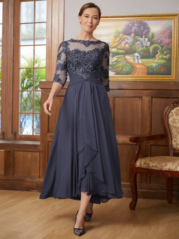 Lana A-Line/Princess Chiffon Applique Scoop 3/4 Sleeves Asymmetrical Mother of the Bride Dresses DFP0020346