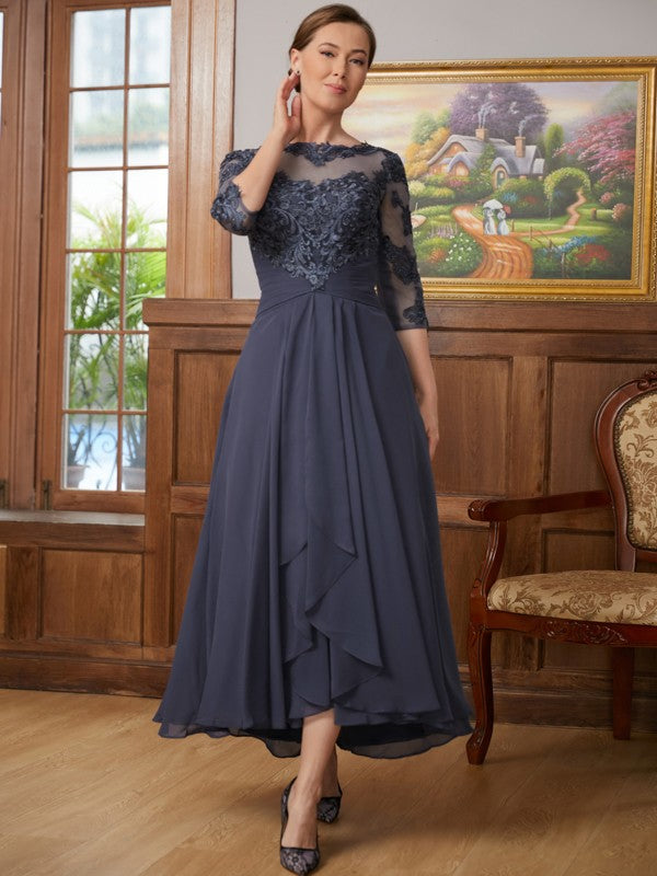 Lana A-Line/Princess Chiffon Applique Scoop 3/4 Sleeves Asymmetrical Mother of the Bride Dresses DFP0020346