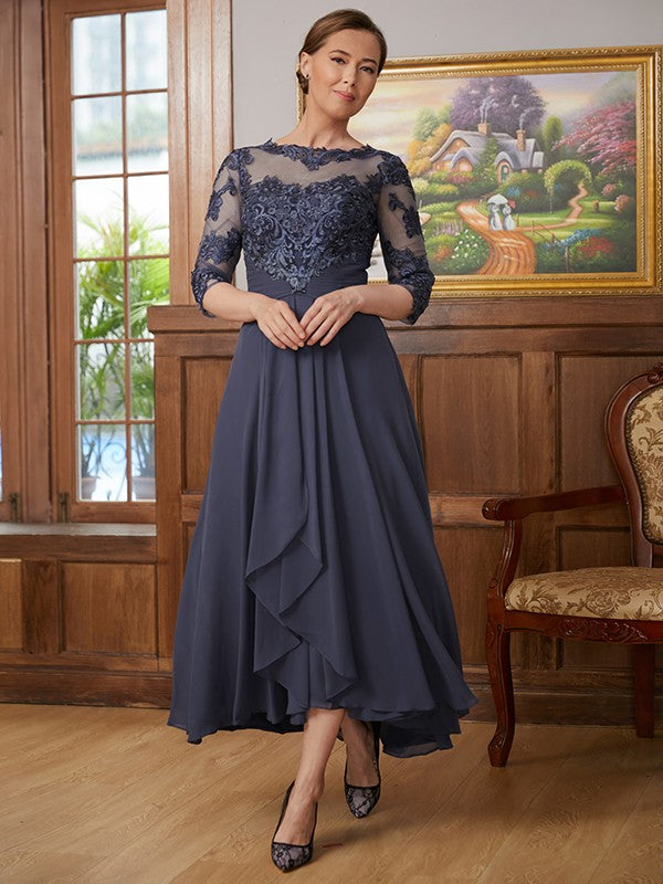 Lana A-Line/Princess Chiffon Applique Scoop 3/4 Sleeves Asymmetrical Mother of the Bride Dresses DFP0020346