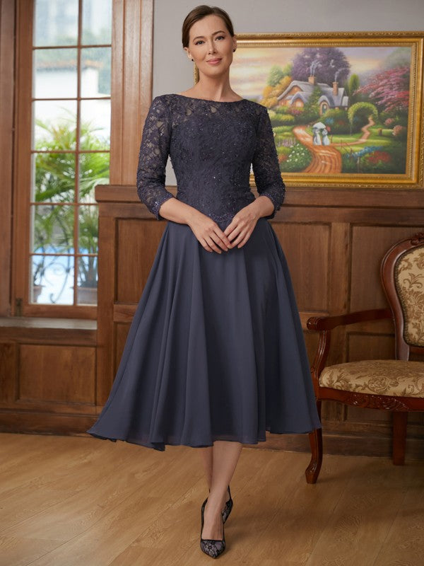 Rayna A-Line/Princess Chiffon Lace Scoop 3/4 Sleeves Tea-Length Mother of the Bride Dresses DFP0020347