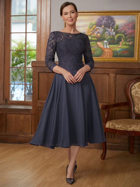 Rayna A-Line/Princess Chiffon Lace Scoop 3/4 Sleeves Tea-Length Mother of the Bride Dresses DFP0020347