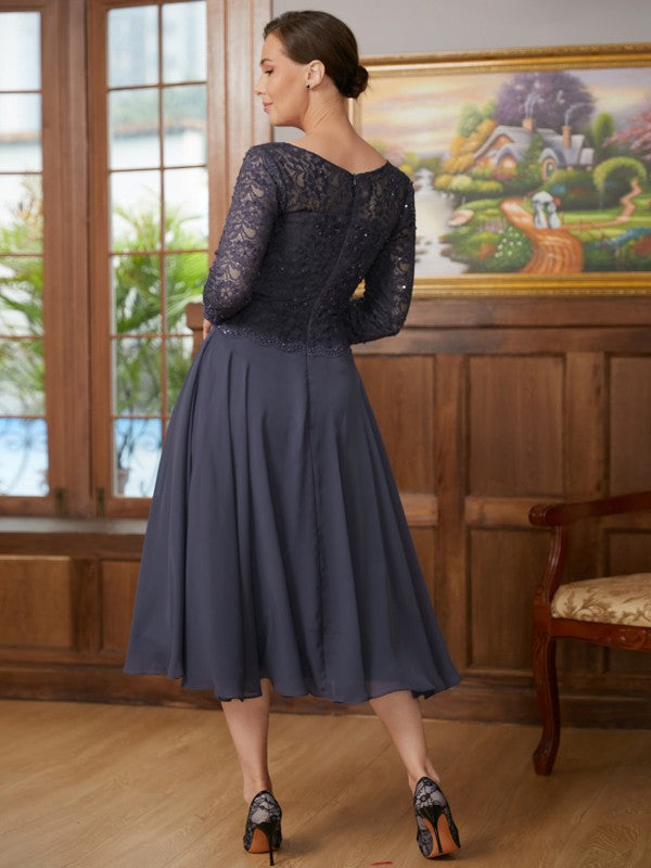 Rayna A-Line/Princess Chiffon Lace Scoop 3/4 Sleeves Tea-Length Mother of the Bride Dresses DFP0020347