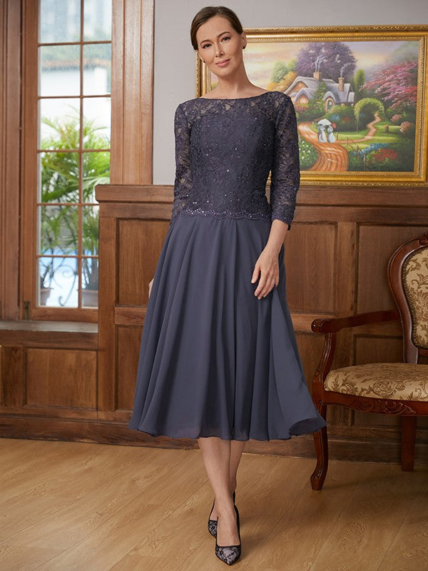 Rayna A-Line/Princess Chiffon Lace Scoop 3/4 Sleeves Tea-Length Mother of the Bride Dresses DFP0020347