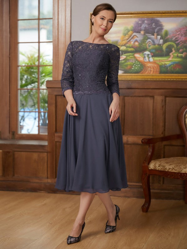 Rayna A-Line/Princess Chiffon Lace Scoop 3/4 Sleeves Tea-Length Mother of the Bride Dresses DFP0020347