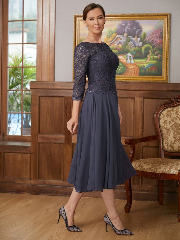 Rayna A-Line/Princess Chiffon Lace Scoop 3/4 Sleeves Tea-Length Mother of the Bride Dresses DFP0020347