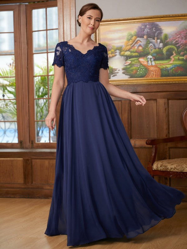 Jaylen A-Line/Princess Chiffon Lace V-neck Short Sleeves Floor-Length Mother of the Bride Dresses DFP0020311