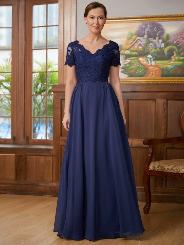 Jaylen A-Line/Princess Chiffon Lace V-neck Short Sleeves Floor-Length Mother of the Bride Dresses DFP0020311