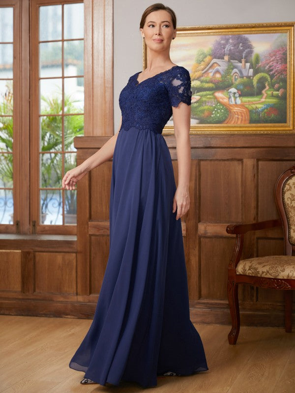 Jaylen A-Line/Princess Chiffon Lace V-neck Short Sleeves Floor-Length Mother of the Bride Dresses DFP0020311