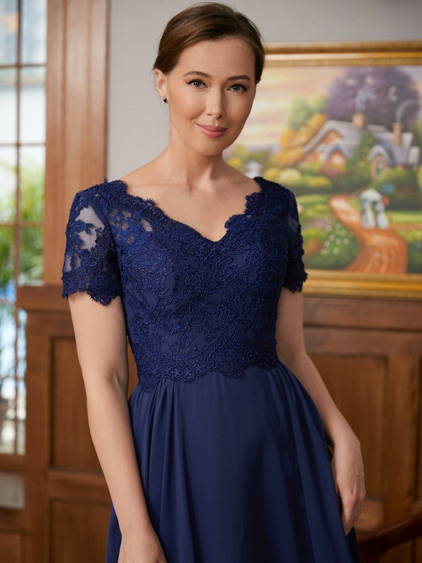 Jaylen A-Line/Princess Chiffon Lace V-neck Short Sleeves Floor-Length Mother of the Bride Dresses DFP0020311