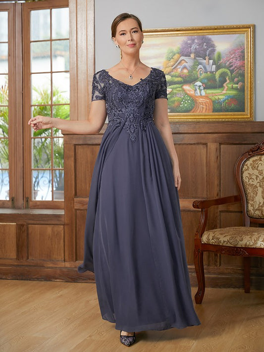 Jillian A-Line/Princess Chiffon Applique V-neck Short Sleeves Floor-Length Mother of the Bride Dresses DFP0020337