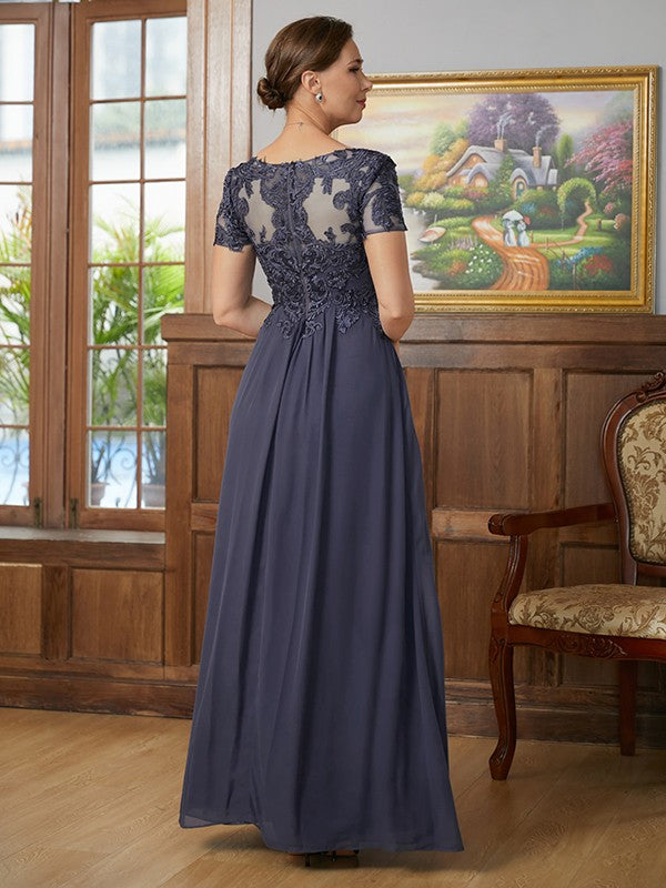 Jillian A-Line/Princess Chiffon Applique V-neck Short Sleeves Floor-Length Mother of the Bride Dresses DFP0020337