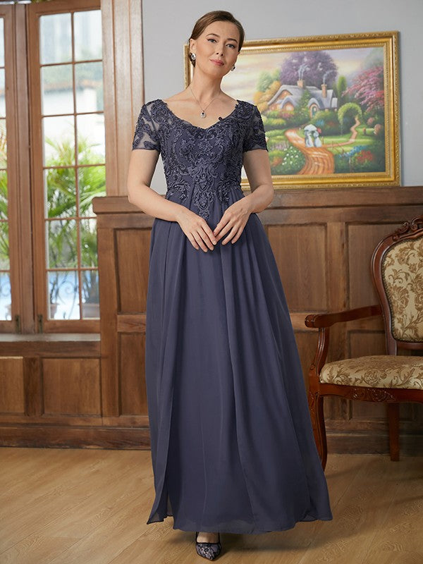 Jillian A-Line/Princess Chiffon Applique V-neck Short Sleeves Floor-Length Mother of the Bride Dresses DFP0020337