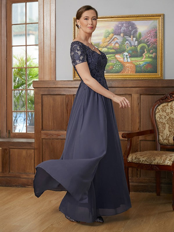 Jillian A-Line/Princess Chiffon Applique V-neck Short Sleeves Floor-Length Mother of the Bride Dresses DFP0020337