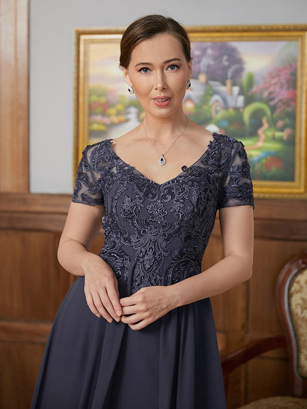 Jillian A-Line/Princess Chiffon Applique V-neck Short Sleeves Floor-Length Mother of the Bride Dresses DFP0020337