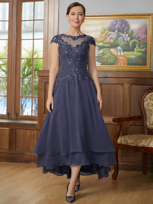 Brielle A-Line/Princess Chiffon Applique Scoop Short Sleeves Asymmetrical Mother of the Bride Dresses DFP0020307