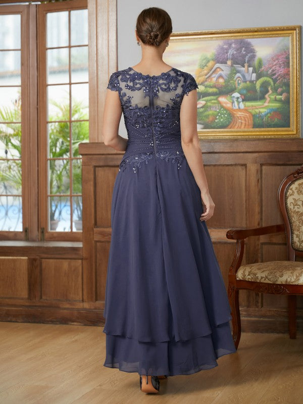 Brielle A-Line/Princess Chiffon Applique Scoop Short Sleeves Asymmetrical Mother of the Bride Dresses DFP0020307