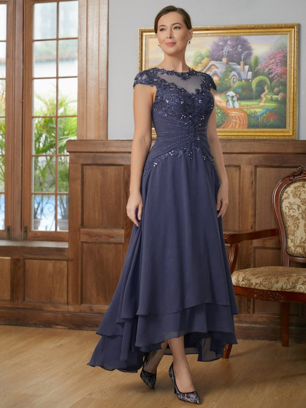 Brielle A-Line/Princess Chiffon Applique Scoop Short Sleeves Asymmetrical Mother of the Bride Dresses DFP0020307