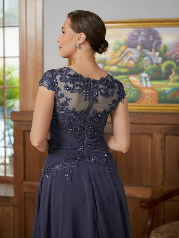 Brielle A-Line/Princess Chiffon Applique Scoop Short Sleeves Asymmetrical Mother of the Bride Dresses DFP0020307