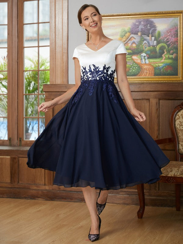 Lucile A-Line/Princess Chiffon Applique V-neck Short Sleeves Tea-Length Mother of the Bride Dresses DFP0020349