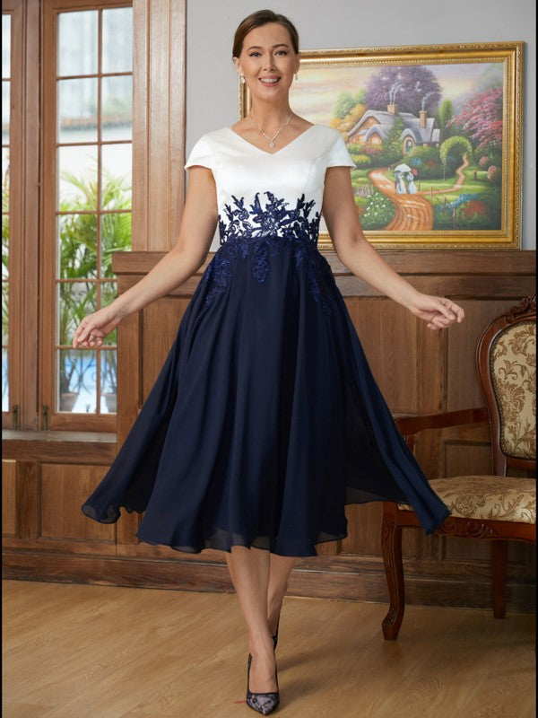 Lucile A-Line/Princess Chiffon Applique V-neck Short Sleeves Tea-Length Mother of the Bride Dresses DFP0020349