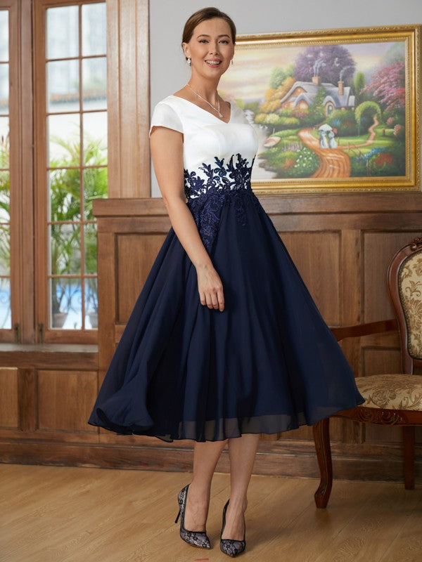 Lucile A-Line/Princess Chiffon Applique V-neck Short Sleeves Tea-Length Mother of the Bride Dresses DFP0020349