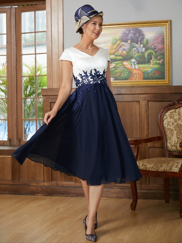 Lucile A-Line/Princess Chiffon Applique V-neck Short Sleeves Tea-Length Mother of the Bride Dresses DFP0020349