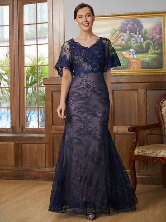 Willow Sheath/Column Silk like Satin Lace V-neck Short Sleeves Floor-Length Mother of the Bride Dresses DFP0020338