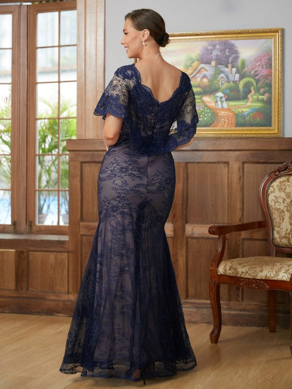 Willow Sheath/Column Silk like Satin Lace V-neck Short Sleeves Floor-Length Mother of the Bride Dresses DFP0020338