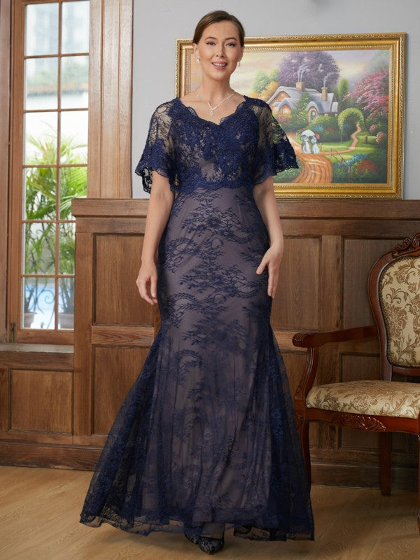 Willow Sheath/Column Silk like Satin Lace V-neck Short Sleeves Floor-Length Mother of the Bride Dresses DFP0020338