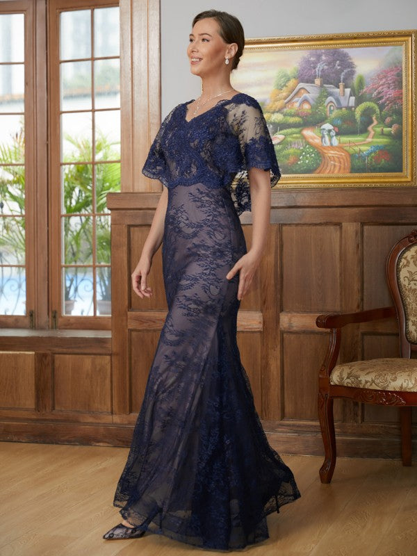 Willow Sheath/Column Silk like Satin Lace V-neck Short Sleeves Floor-Length Mother of the Bride Dresses DFP0020338